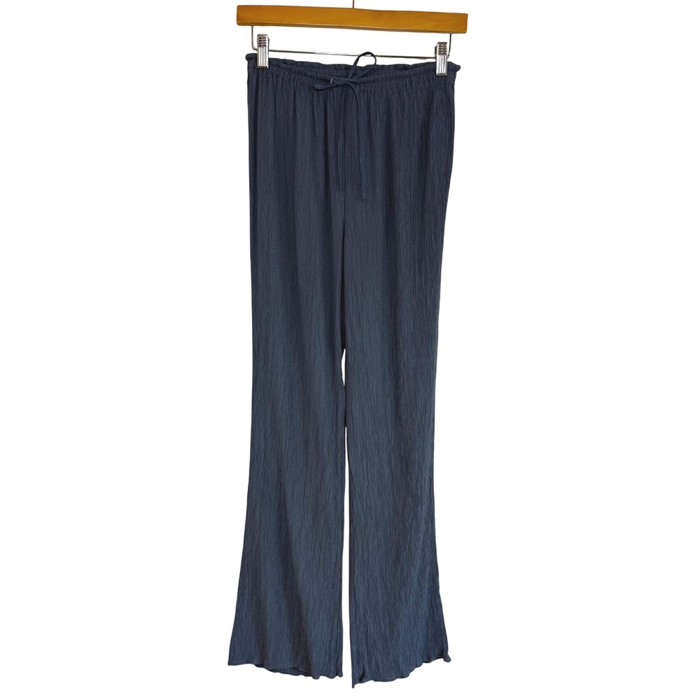 Zara Crinkle Textured Wide Leg Pants Blue Flowy Elastic Waist Coastal Boho XS